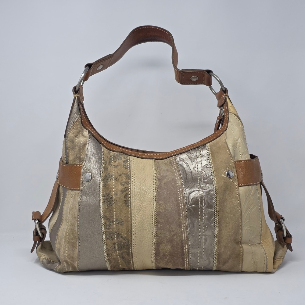 Fossil Patchwork Leather Suede Boho Hobo Shoulder Bag Metallic Earth Tones